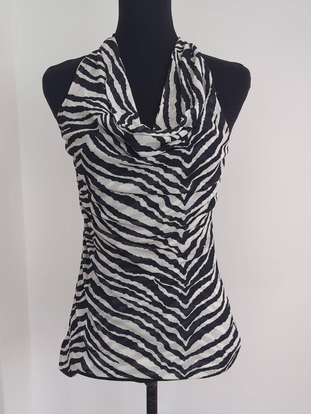 Zebra Print Cowl Neck Halter Tank Top - Monochrome Animal Stripe - Picture 4 of 7